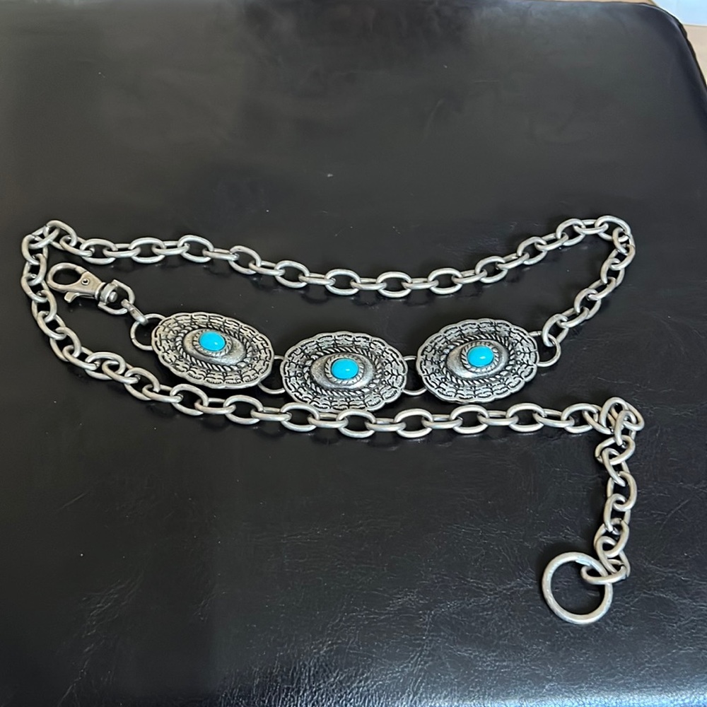Turquoise Embellished Silver Chain Belt